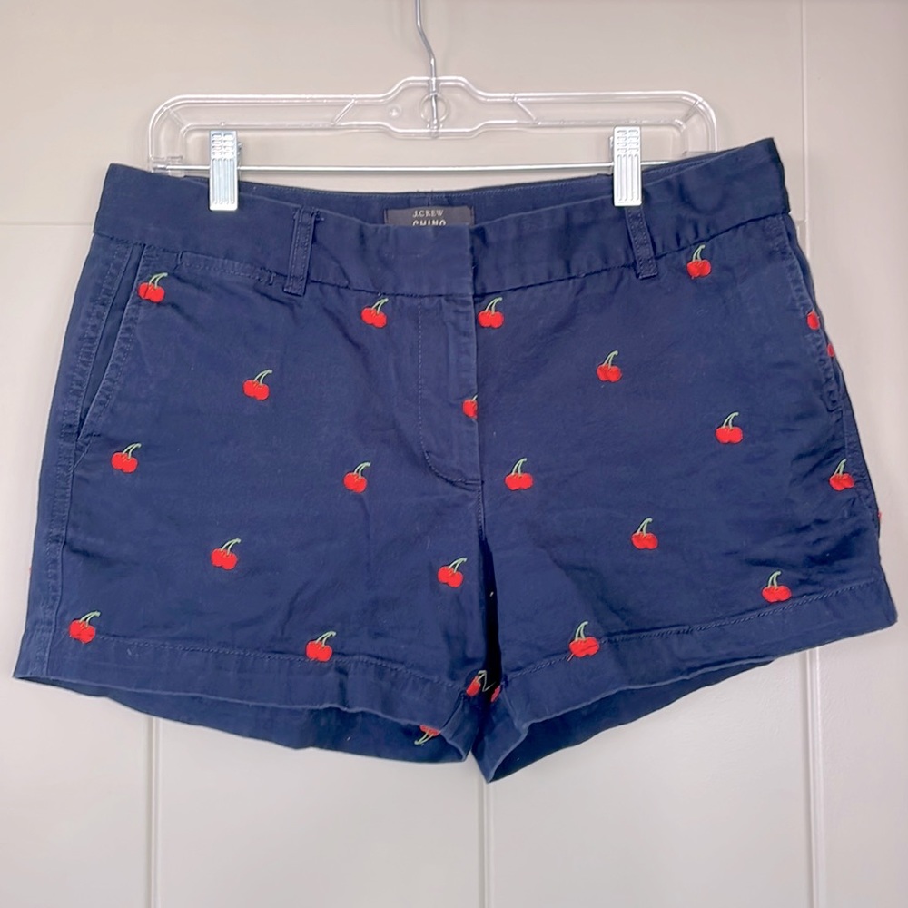 J.CREW Womens Navy Blue Red Cherry Embroidered Flat Chino Shorts 4”, Sz 8 🍒